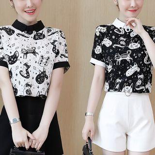 Contrast Trim Cat Printing Short-sleeve Chiffon Top