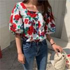 Square-neck Floral Print Blouse White - One Size