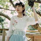 Set: Embroidered Elbow-sleeve Chiffon Blouse + Camisole Almond - One Size
