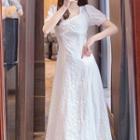 Short-sleeve Faux Pearl Trim Floral Pattern Midi A-line Dress