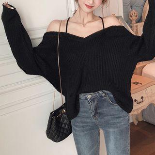 Cold-shoulder Sweater Black - One Size