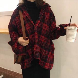 Plaid Hooded Shirt Red - One Size