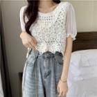 Round Neck Cut Out Lace Puff Short Sleeve Top