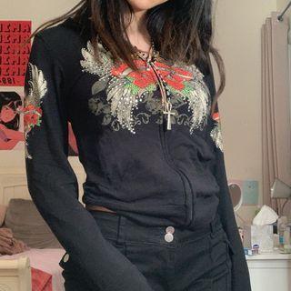 Long Sleeve Roses & Wings Print Zip-up Jacket