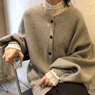 Mock-turtleneck Long-sleeve Lace Top / Puff-sleeve Cardigan