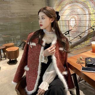 Fluffy Trim Jacket / Spaghetti Strap A-line Dress / Shirred Lace Blouse