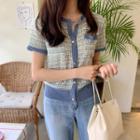 Short-sleeve Contrast-trim Tweed Cardigan Dark Sky Blue - One Size