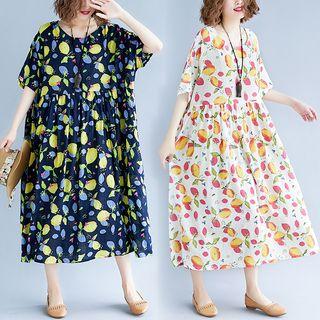 Elbow-sleeve Lemon Print A-line Midi Dress