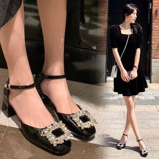 Rhinestone Buckle Ankle-strap Chunky-heel Pumps
