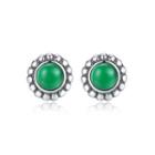 Sterling Silver Simple Fashion Geometric Green Round Stud Earrings Silver - One Size