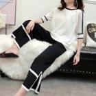 Set: Contrast Trim Short-sleeve Knit Top + Wide-leg Pants