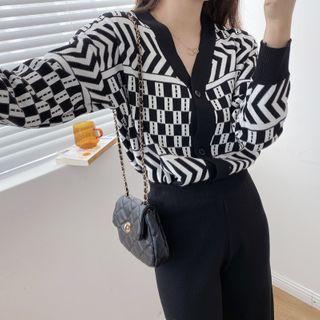 Pattern Printed Knit Cardigan + High-waist Plain Wide-leg Pants Set - One Size
