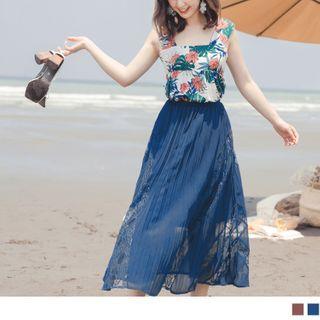 Elastic-waist Lace Panel Pleated Maxi Skirt