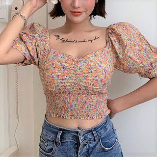 Short-sleeve Floral Print Shirred Top