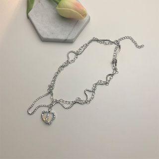 Layered Rhinestone Heart Pendant Necklace Silver - One Size