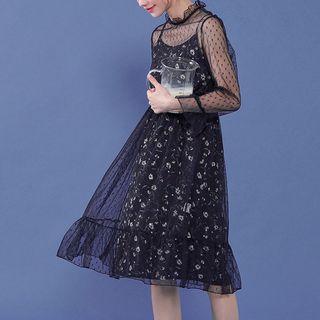 Set: Long-sleeve Sheer Midi Dress + Strappy Floral Midi Dress