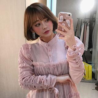Mandarin-collar Shirred Peplum Blouse