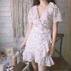 Floral Print Short-sleeve Ruffle A-line Dress