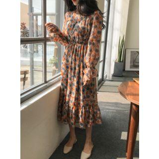 Frilled High-neck Patterned Long Dress