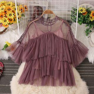 Set: Short-sleeve Tiered Mesh Blouse + Camisole Top