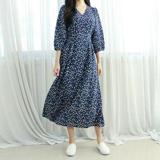 Petite Size V-neck Tie-waist Long Floral Dress