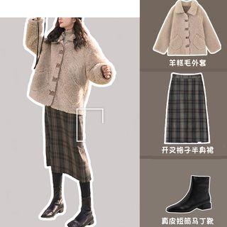 Set: Loose Fit Coat + Plaid Skirt