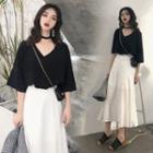 V-neck Elbow-sleeve T-shirt / Midi A-line Skirt / Set