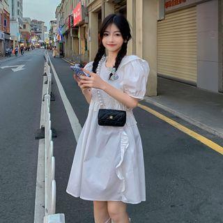 Crew-neck Plain Ruffle Ruched Puff-sleeve Dress