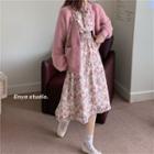 Plain Knit Cardigan / Long-sleeve Floral Printed Midi Dress
