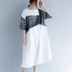 Striped Elbow-sleeve Midi Dress