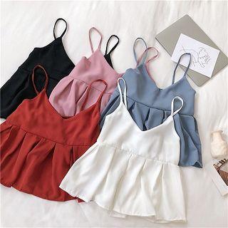 Plain V-neck Ruffled-trim Tank Top