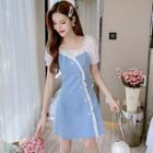 Puff-sleeve Ruffled Denim Mini A-line Dress