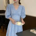 Puff-sleeve Dotted Midi A-line Dress Dotted - Blue - One Size
