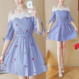 Off-shoulder Strap Elbow-sleeve Minidress
