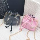 Chain Strap Embroidered Crossbody Bucket Bag