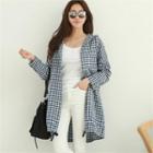 Hooded Long Gingham Shirt Navy Blue - One Size
