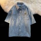 Short-sleeve Pocket Detail Bear Embroidered Denim Shirt