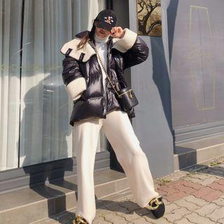 High-neck Dumble-panel Padded Jacket Black - One Size