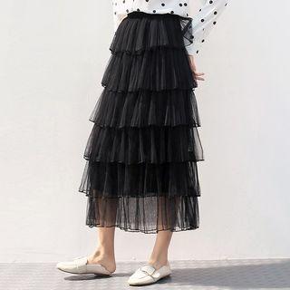 Mesh A-line Midi Tiered Skirt Black - One Size