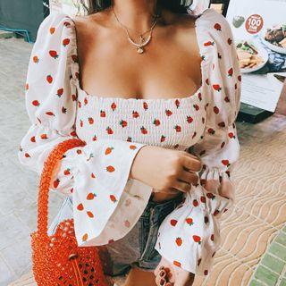 Bell Sleeve Square Neck Strawberry Print Smocked Top