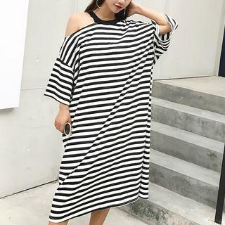 Cut Out Shoulder Striped 3/4 Sleeve T-shirt Dress