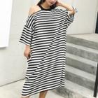 Cut Out Shoulder Striped 3/4 Sleeve T-shirt Dress