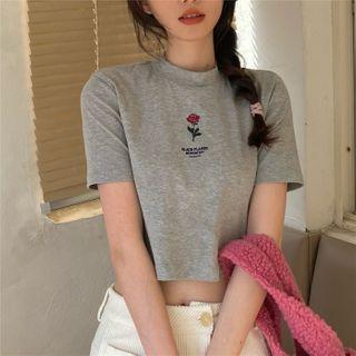 Short-sleeve Floral Print Mock-neck Crop Top