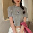Short-sleeve Floral Print Mock-neck Crop Top