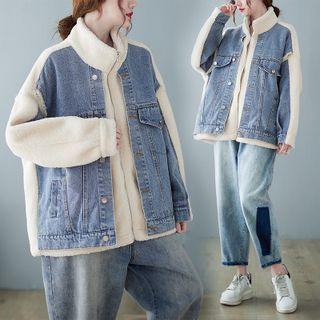 Denim Panel Fleece Zip-up Coat