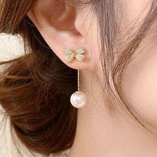 Faux Pearl Rhinestone Bow Drop Earring Qr-180 - 1 Pr - Gold - One Size