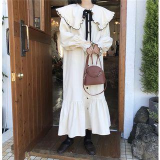 Ruffled Collared Ribbon Maxi Shirtdress Almond - One Size