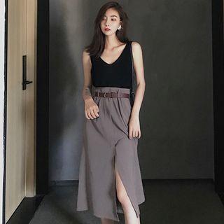 V-neck Sleeveless Top / Slit Midi Skirt