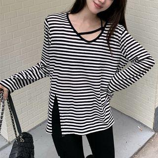 Round-neck Side Split Striped Top