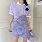 Short-sleeve Embroidered Collar Knit Cardigan / Short-sleeve Plain Shirt / Plaid Mini Skirt